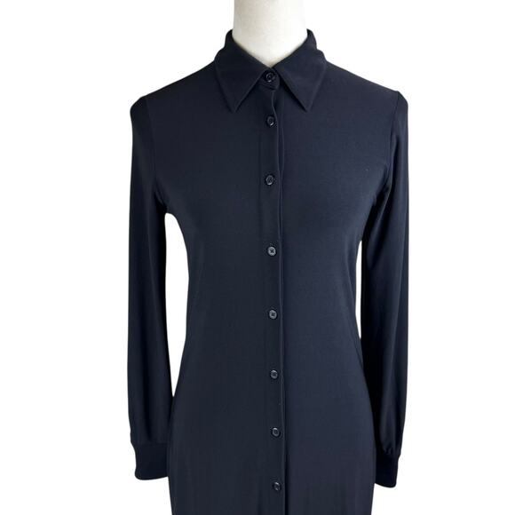 Norma Kamali Black Jersey Ponte Knit Long Sleeve Button Up Collared Shirt Dress - Picture 5 of 12